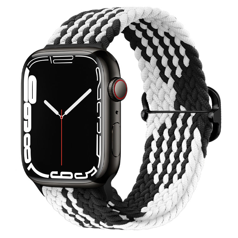 Watchify klokkereim for Apple Watch. En nydelig, komfortabel og elastisk klokkereim med en spenne som ikke er ubehagelig mot huden. Passer Iwatch series 1/2/3/4/5/6/7. Sort og Hvit med sort spenne